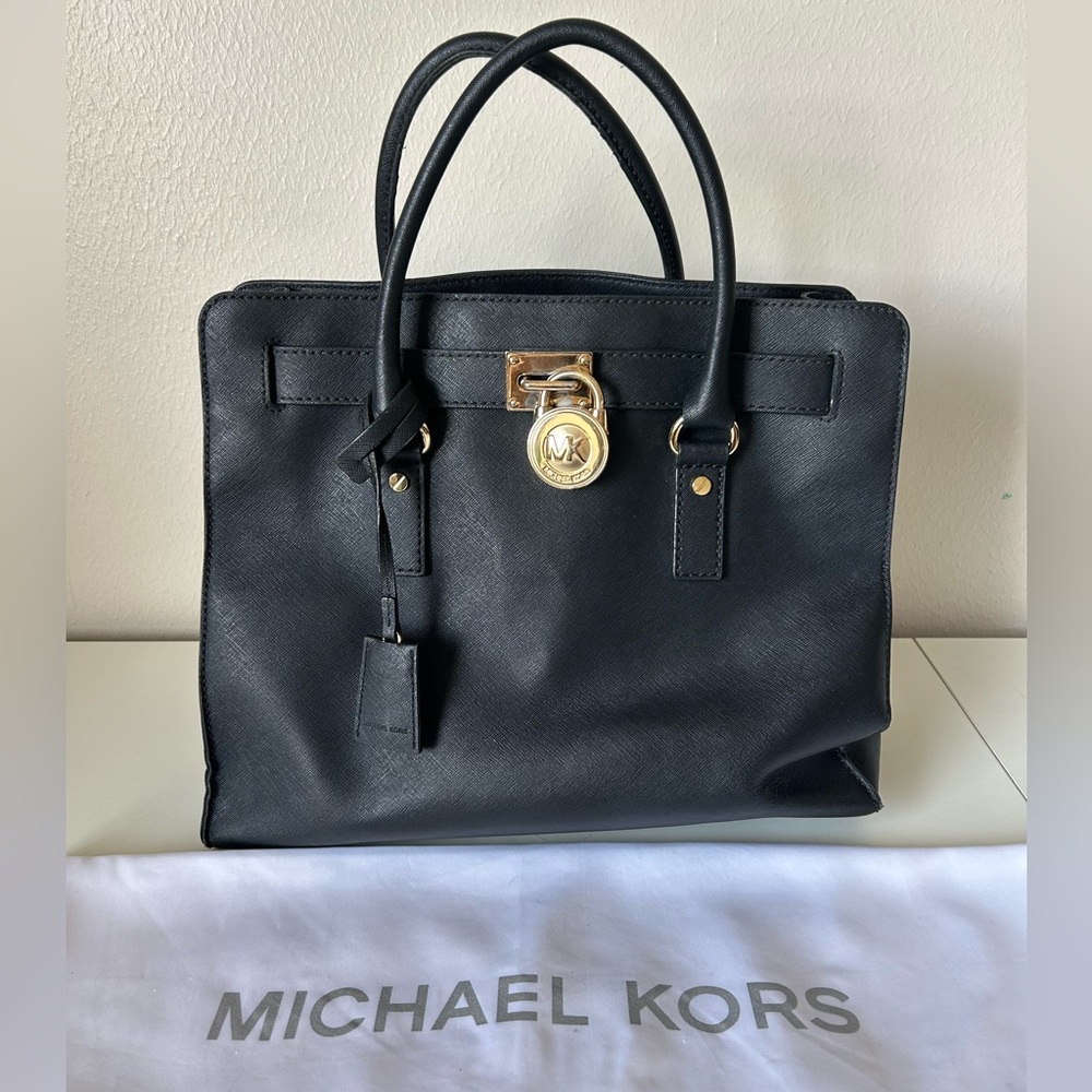 Michael Kors Black Leather Hamilton Bag with Handle and Shoulder Strap